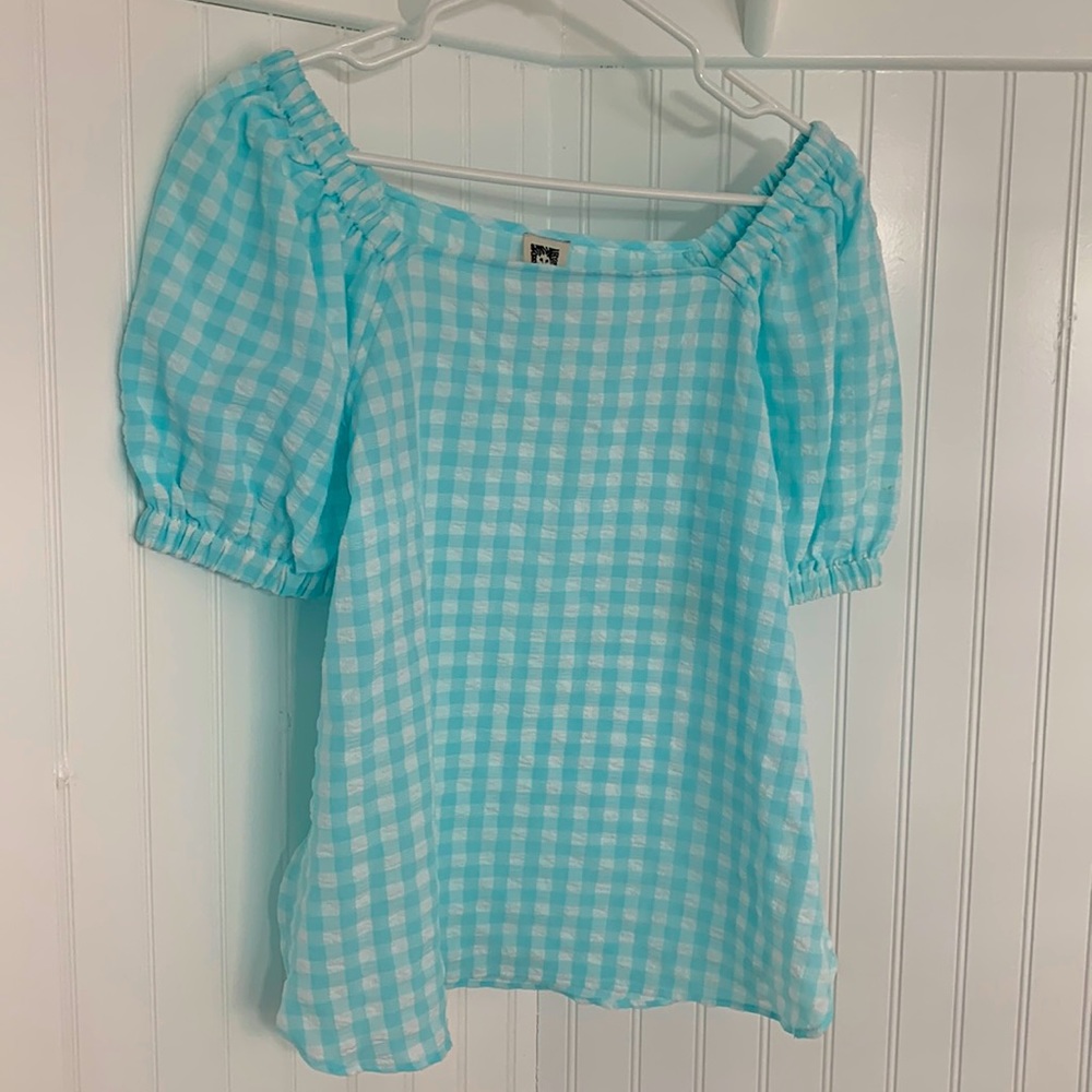 🏖️Ann Klein Blue & White Checkered Blouse 👚 with Puffed Sleeves